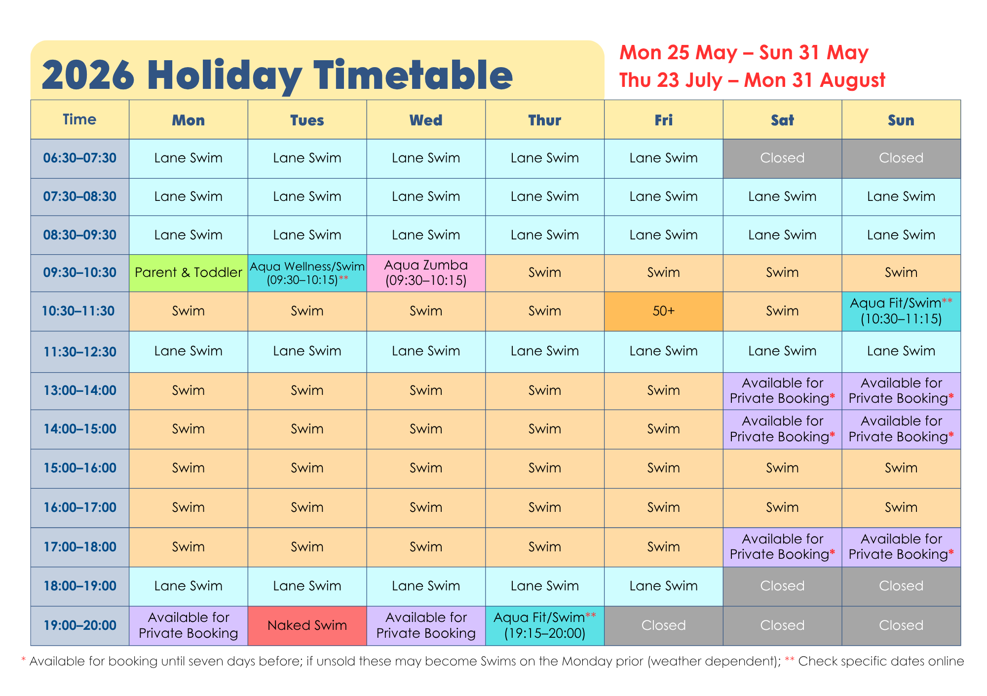 Chart of the 2026 holiday timetable.