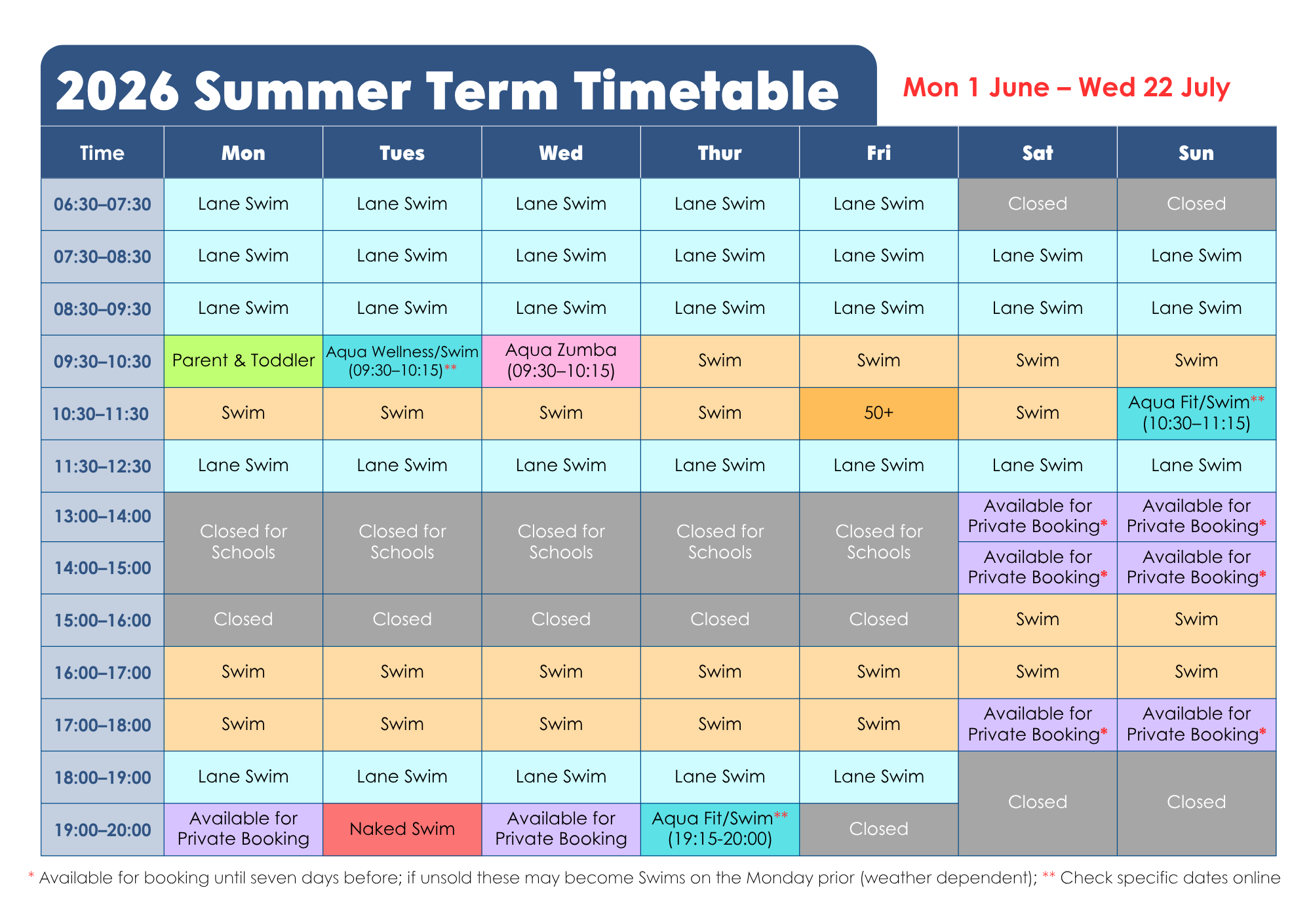 Timetable for the Lido summer term 2026