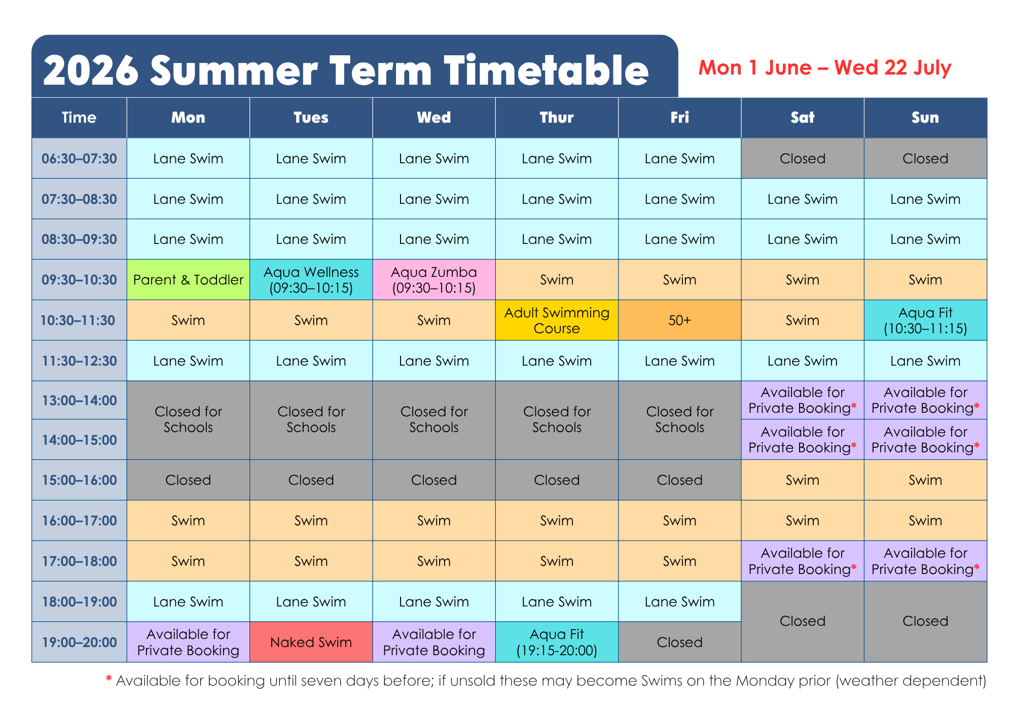 Timetable for the Lido summer term 2026