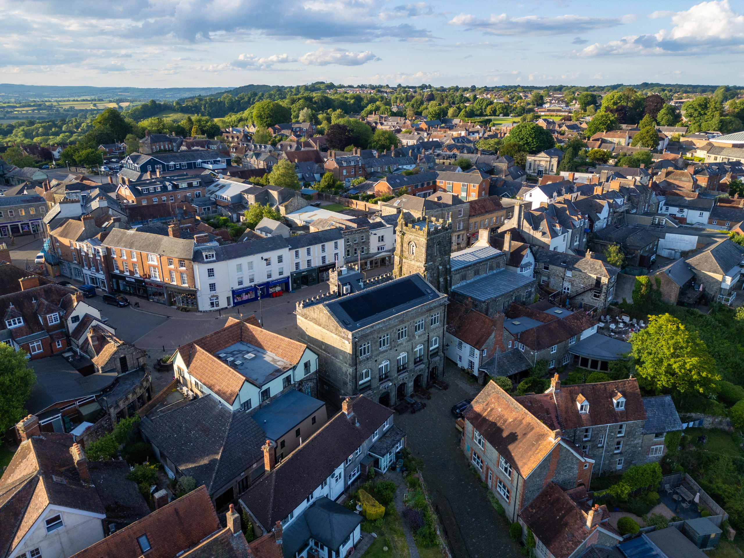 Birds eye view of top of Gold Hill looking at back of Town Hall and the centre of Shaftesbury