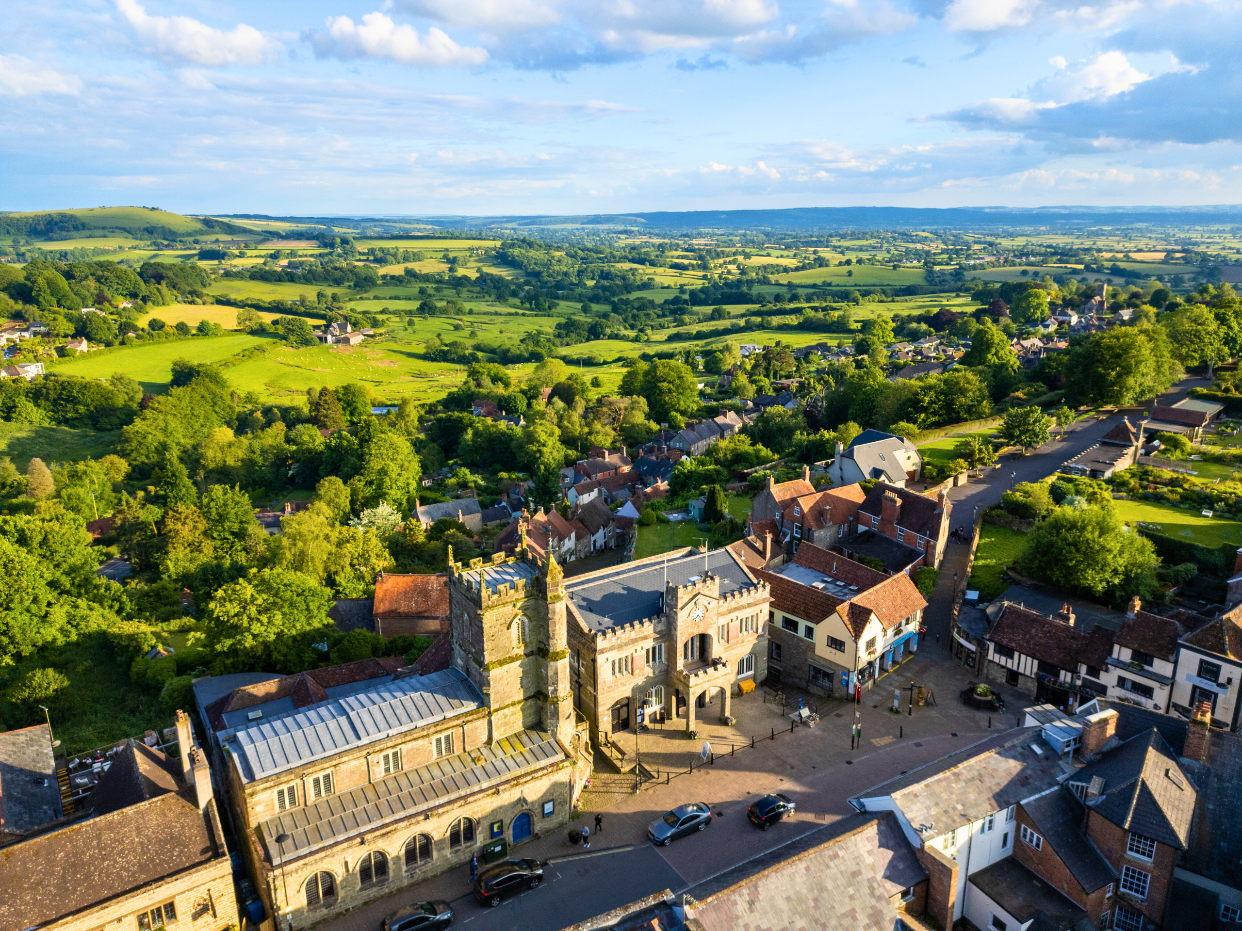 Birds eye view of Town Hall and views over Shaftesbury